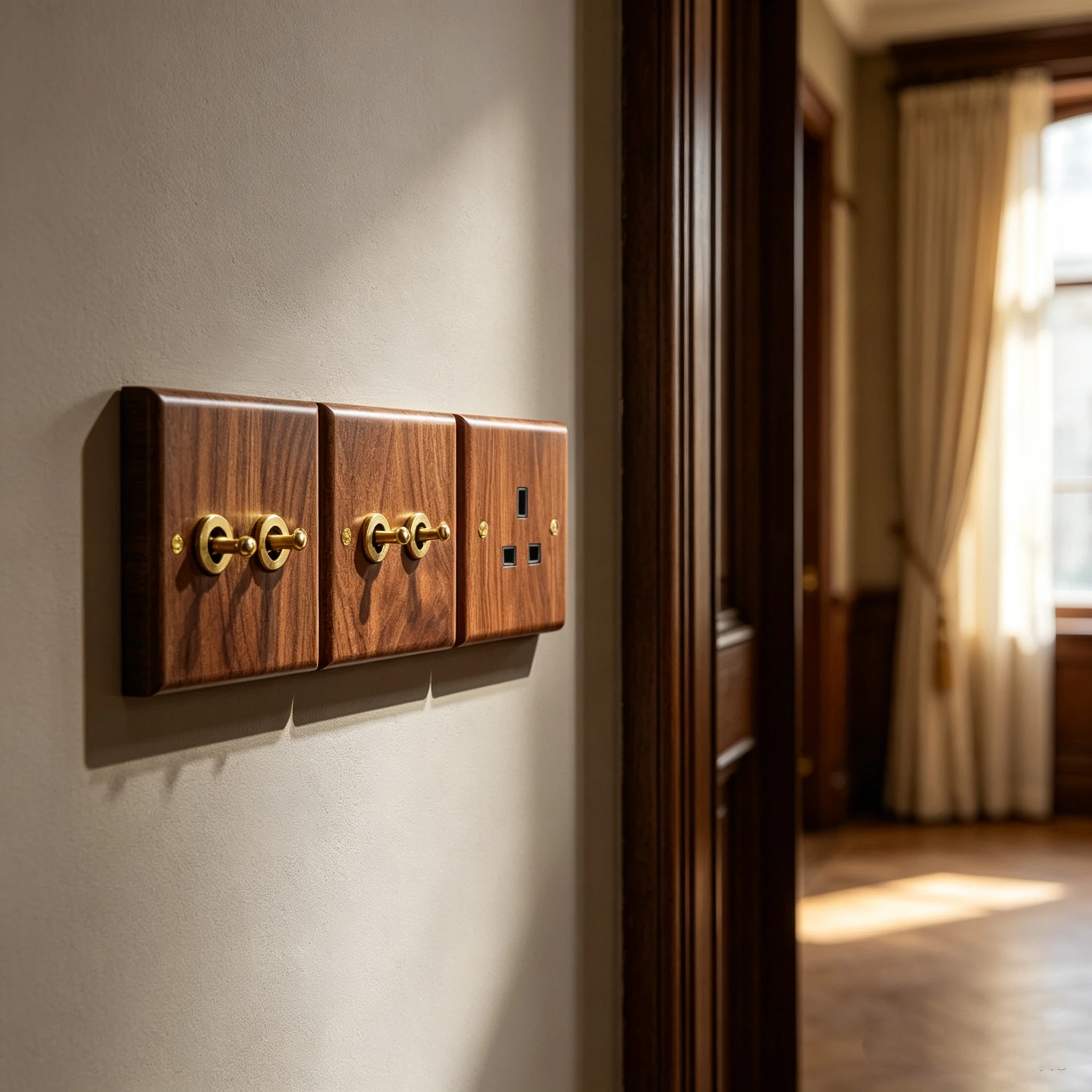 Brass Toggle Wall Switch, Solid Walnut Wood Panel Vintage Retro Lever Light Switch for Indoor Wall Lamp