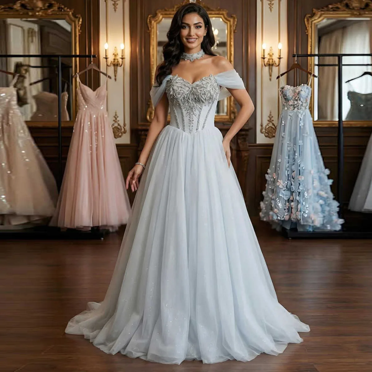 Customized Fashion Aline Wedding Dresses V-neck Of Shoulder Court Train Appliques Sleeveless Robe De Mariée Engagement