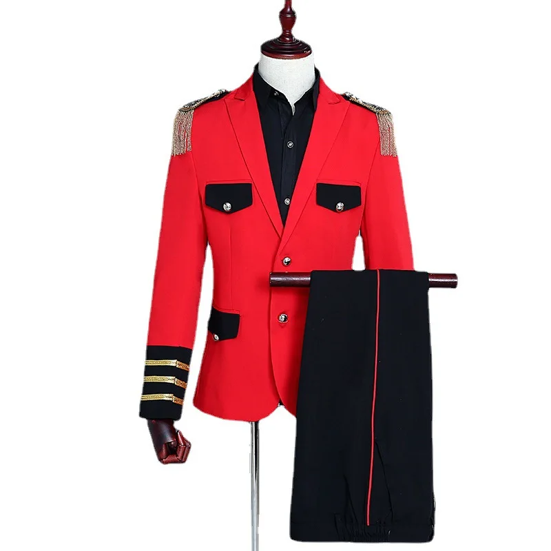 Men's red fringe epaulette military dress set nightclub court suit bar suit photo studio photo dress