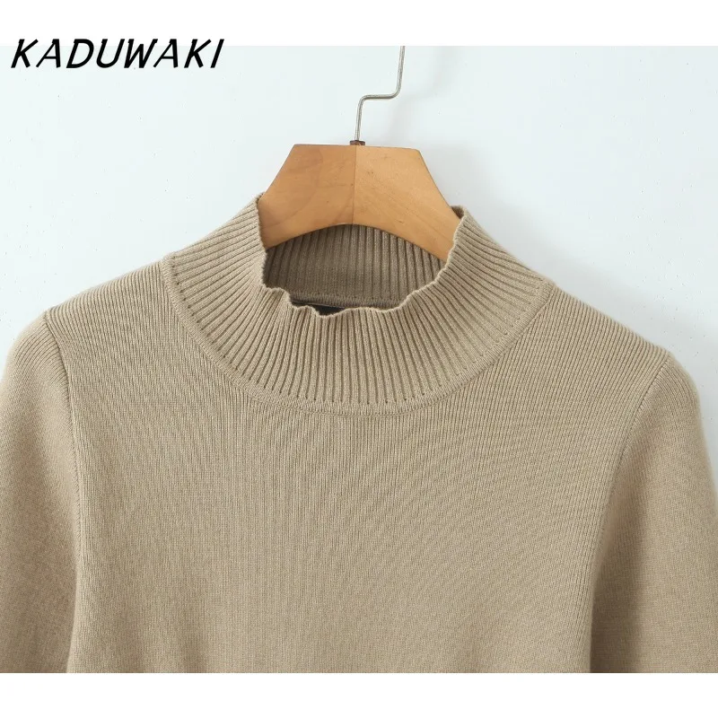 KADUWAK Fashion Retro Half-high Neck Long-sleeved Knit Robe Casual Split Slim Pullover Mini Dress Летнее Платье Больших Размеров