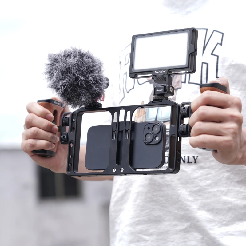 Manbily Universal Aluminum Alloy Rabbit Cage Wooden Handle Set Handheld Grip Filming Video Stabilizer Case Mount for Smartphone
