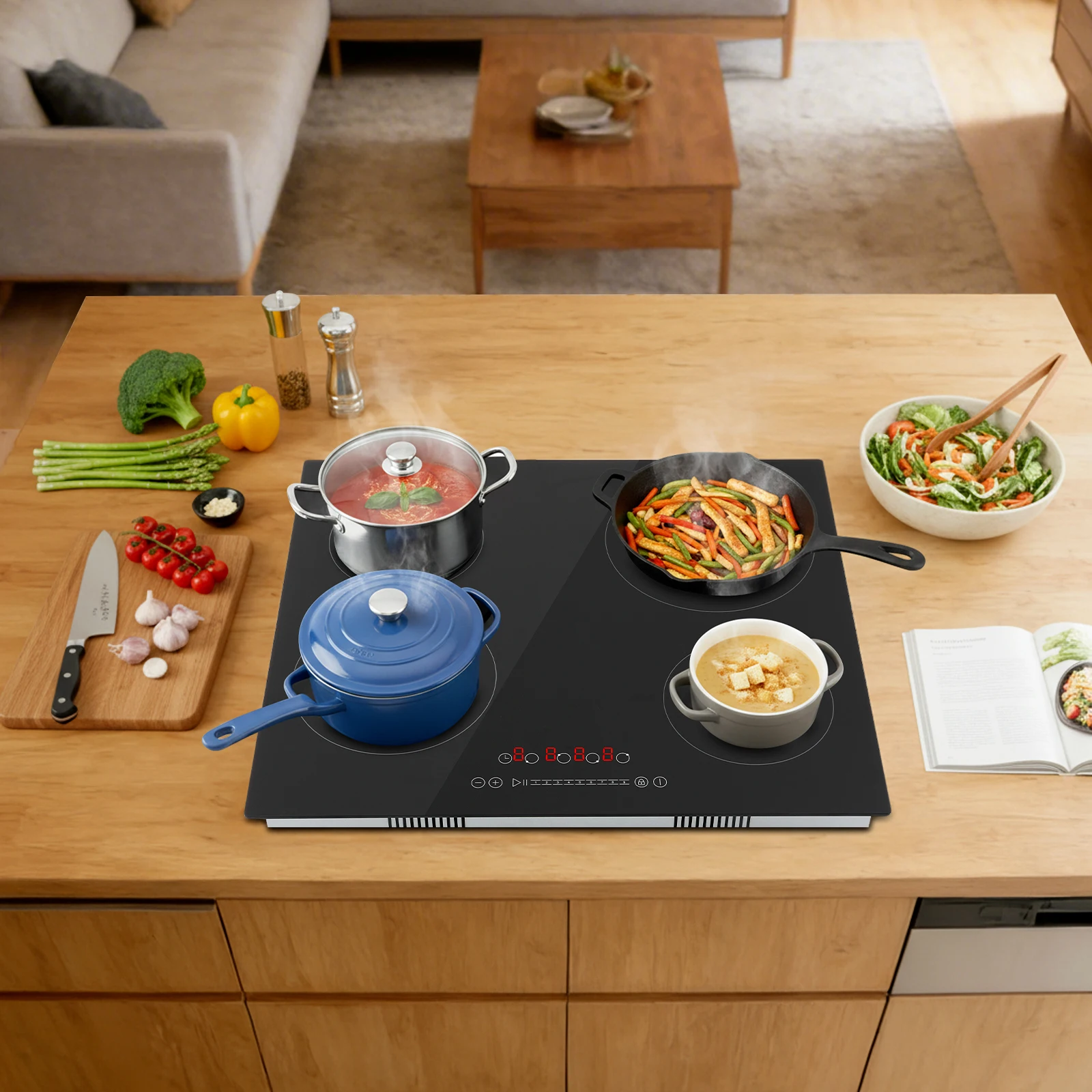 

24 Inch Electric Cooktop, 4 Burners Built-in Electric Stove Top Hot Plate, 3000W Drop-in Ceramic Cooktop Kitchen Stoves with Safety Lock and Timer, 110-120v