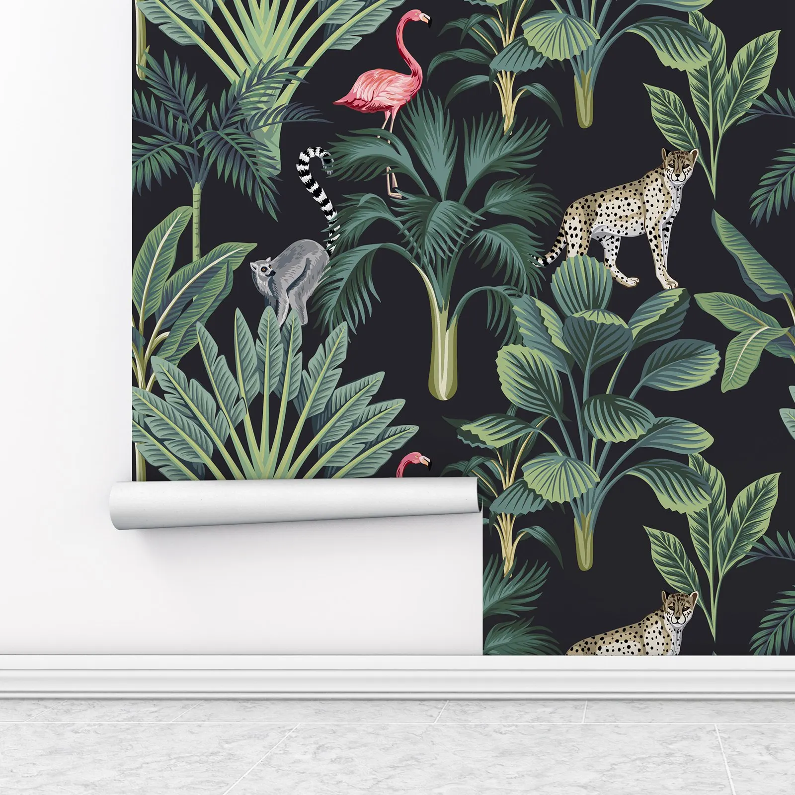 Imagem -03 - Papel de Parede de Animais Selvagens Vintage Tropical Peel And Stick Wall Papers Palmeiras Mural Parede de Fundo Escuro Flamingo