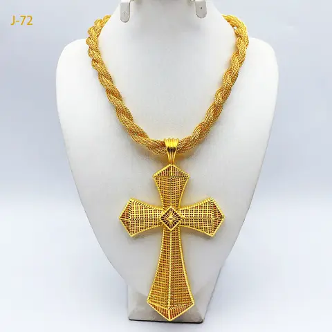 Ethiopian Cross Pendant Twisted Chain for Women Man African Wedding Party Gold Color Eritrea Jewelry Cross Gift