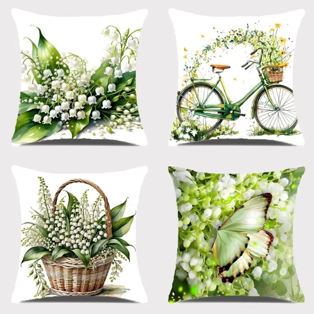 New Lily of the Valley Pillowcase Printed Floral Pattern Short Cushion Cover Zipper 45*45cm Sofa Pillow Case Spring Season