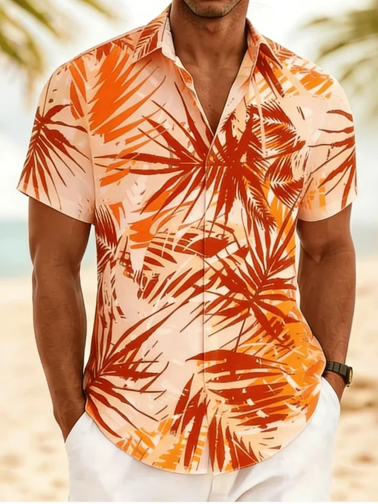 Men's Brushstroke Palm Leaf Print Short Sleeve Shirt Spring Summer Artistic Hawaiian Vacation Blouse Loose Casual Top