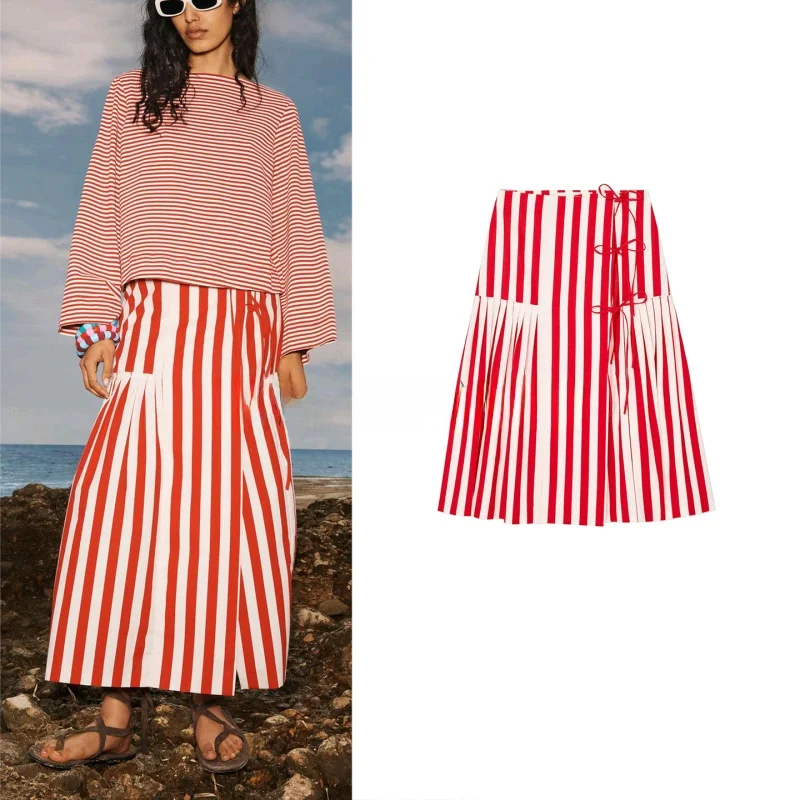 夏の新作 レディース シンプル プリーツ ノット ストライプ ミディスカート スタンドフィット ロング Aラインスカート ポリエステル繊維 00%