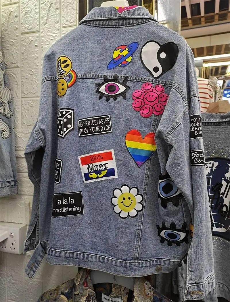 Stylewomen's Denim Jacketwomen's New Spring And Autumn New Hot Selling Street INS Punk Cartoon Personality Patch Washed Denim Ja