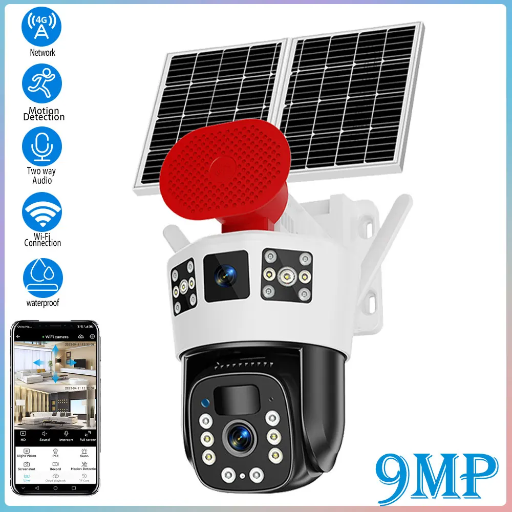 

4G 6MP three-Lens solar Camera Outdoor IP66 Waterproof Super Large Wide Angle Two-way Voice Motion Detection Alarm Camera