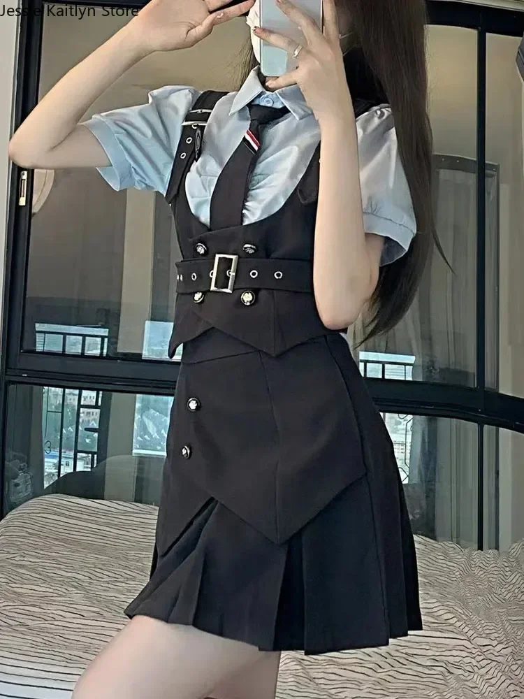 Conjunto de camisa de torcida feminina e feminina, uniforme escolar coreano, colete plissado, moda japonesa, fofo e outono, mini conjunto, Kawaii, 2023