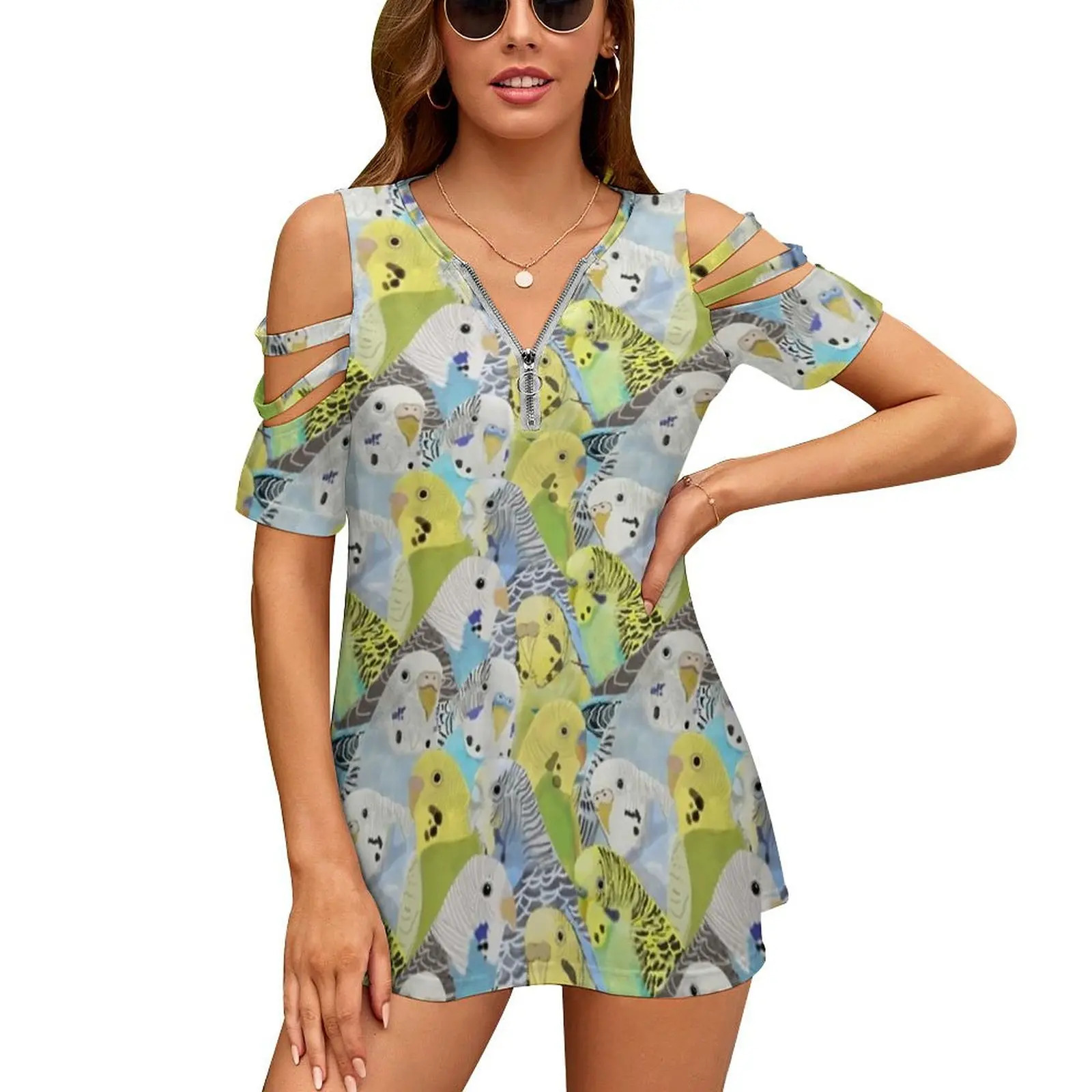 Budgie Parakeets New Fashion Zip Off Shoulder Top Short-Sleeve Women Shirt Bugies Parakeet Parakeets Budgies Parakeet Pattern