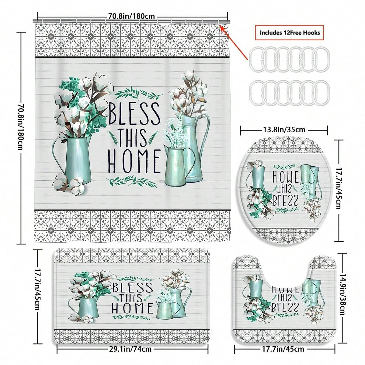 4 PCS Farmhouse Country Style's  Shower Curtain Sets,  White Cotton And Turquoise Vase Pattern's Curtain With Non-Slip Rugs