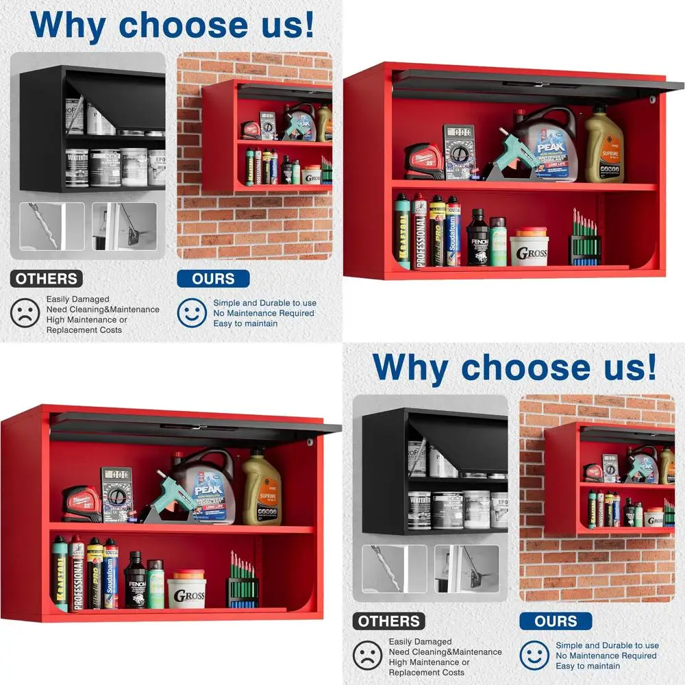 

Black and Red Metal Storage Cabinet with Shelves and Locking Door - Wall-Mounted for Home, Office, or Garage
