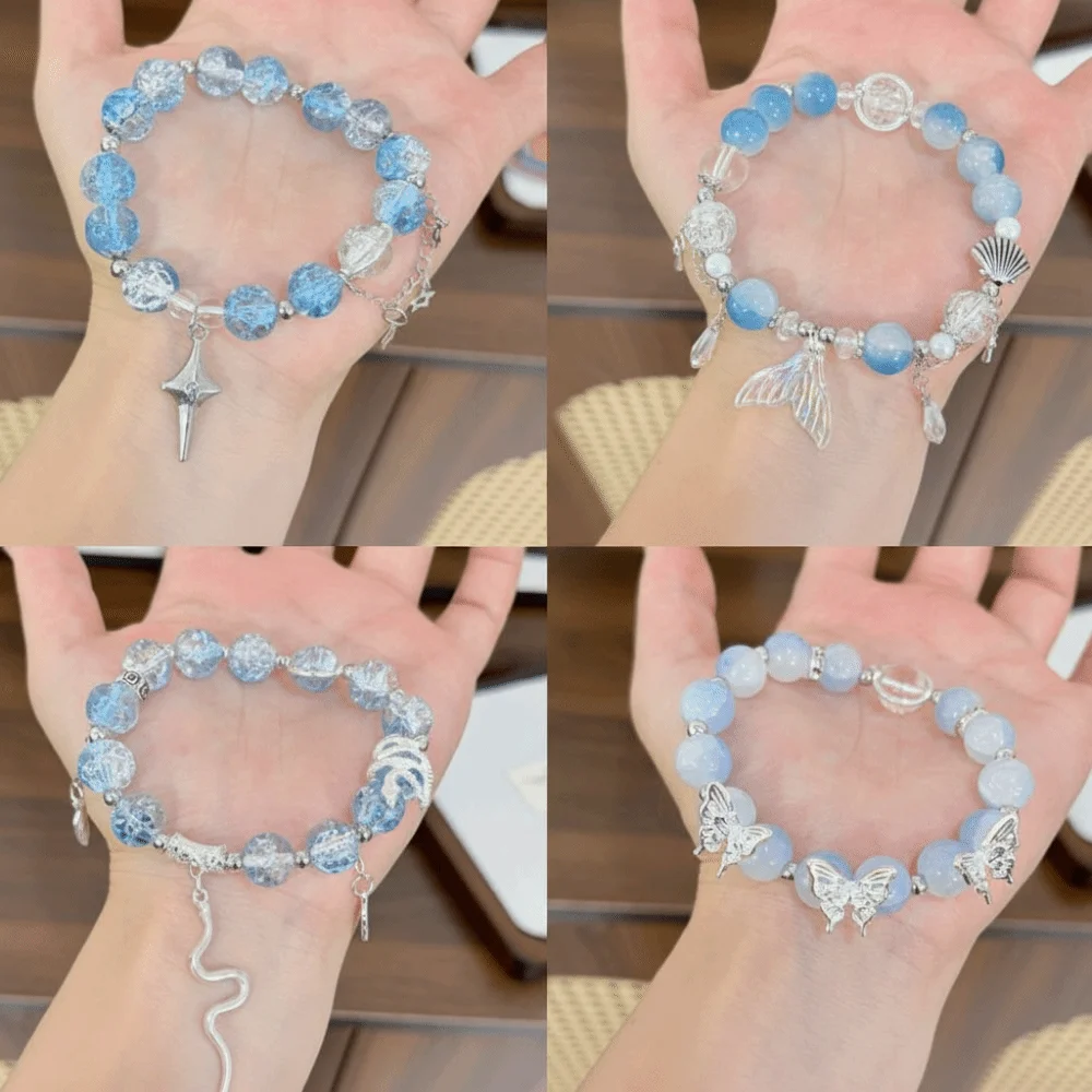 Crystal Beads Beaded Bracelet Fantasy Blue Chinese Style Glass Bead Bracelet Elastic Rope Tassel Bracelet Jewelry Gifts
