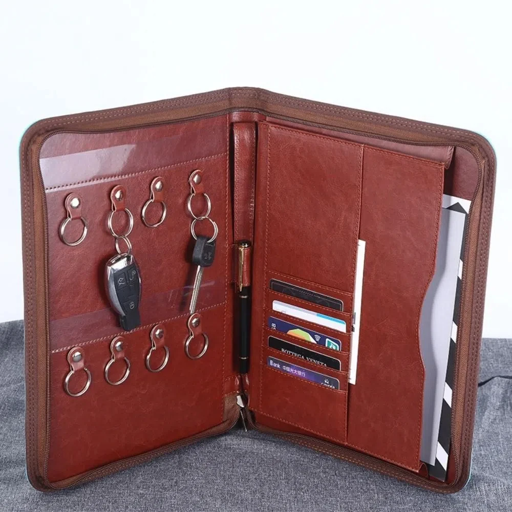 PU Leather Business Key Storage Bag with Zipper Large Capacity A4 File Folder Card Slots Pen Insert Business Manager Clip