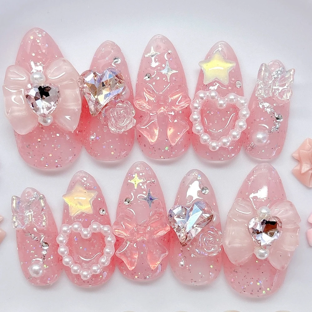 10 Stuks 3D Cartoon Sanrio My Melody Amandel Volledige Dekking Nail Tips Zoete Strik Metalen Diamant Japanse Serie Afneembare Nep nagels