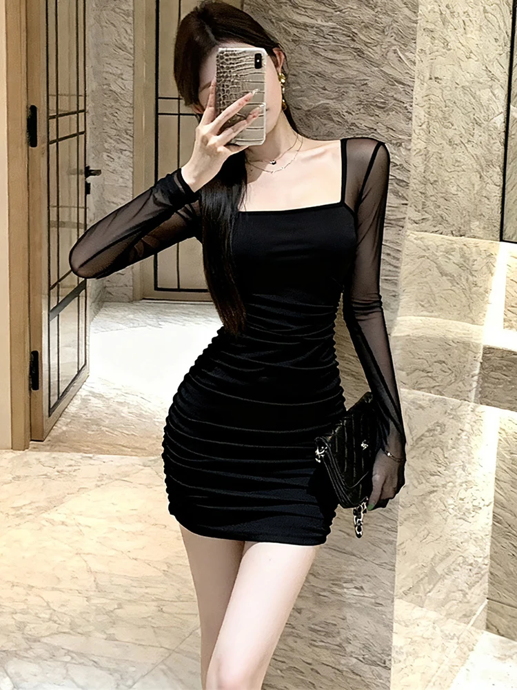 2025 ブラック パッチワーク メッシュ シアー 長袖 セクシー ドレス レディース ヴィンテージ ラグジュアリー パーティー ドレス 秋冬 エレガント ボディコン プロム ドレス