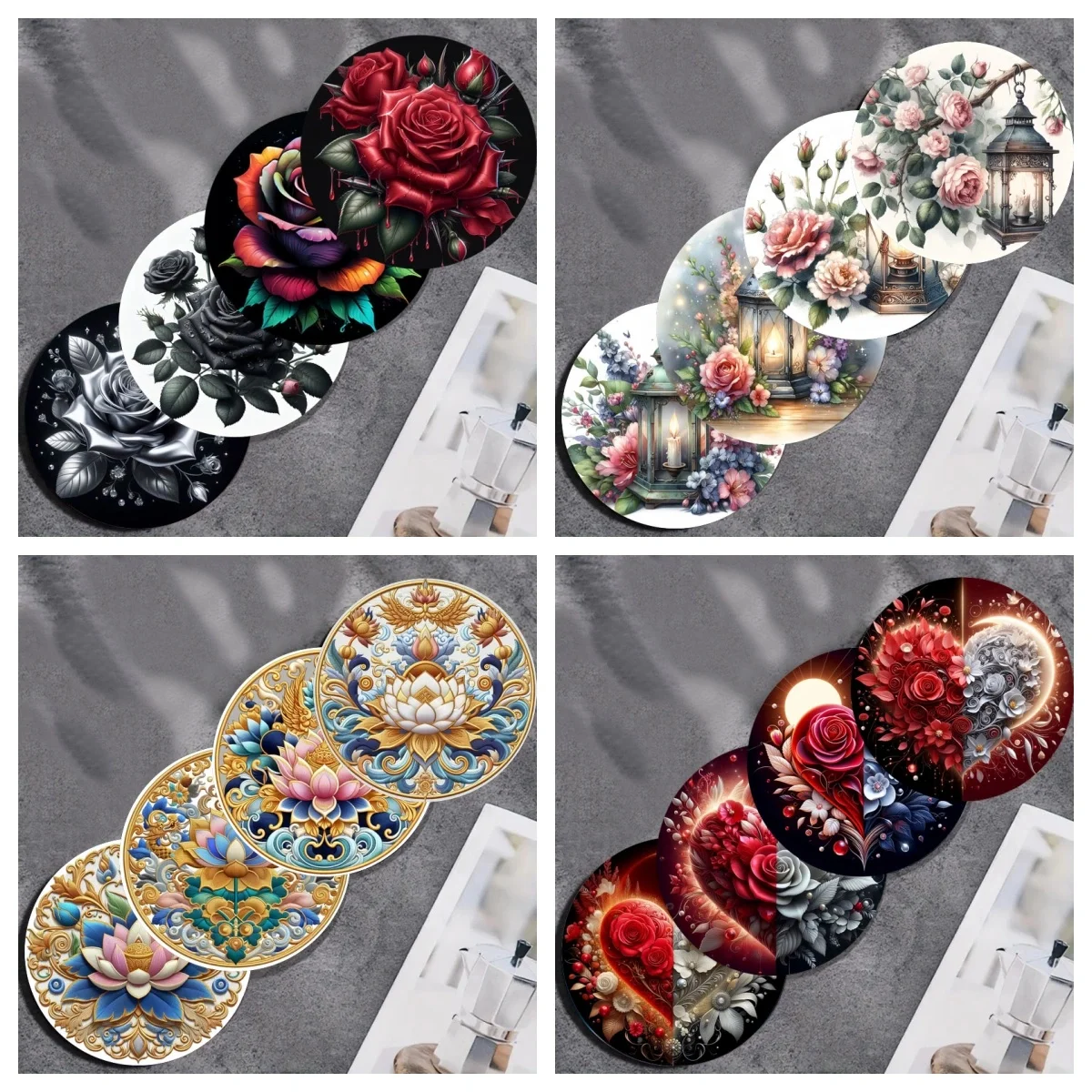 

4 sets of colorful floral pattern art coasters, wooden anti-slip coasters, suitable for living rooms, offices, bars, etc