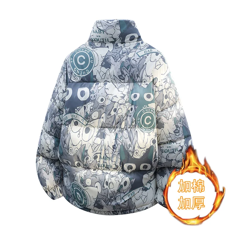 Vêtements d'hiver en coton imprimé dessin animé à col montant, marque tendance, ample, épais et chaud, nouvelle collection