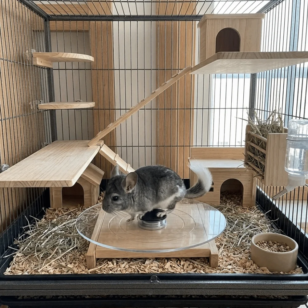 Glass Hamster Running Wheel Silent Long-Lasting Hamster Exercise Wheel with Wood Base Stable Chinchilla Running Plate Hamsters
