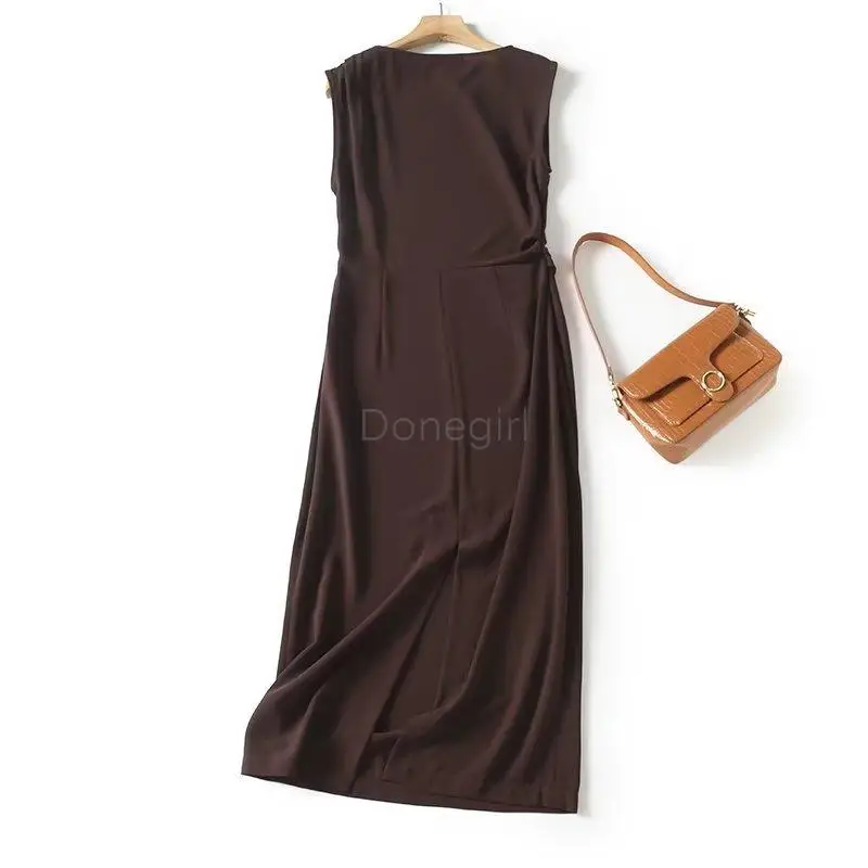 Donegirl 2023 New Summer Women Sleeveless Solid Round Neck Slim Dresses Casual Simple Elegant Slit Midi Dresses Female Chic