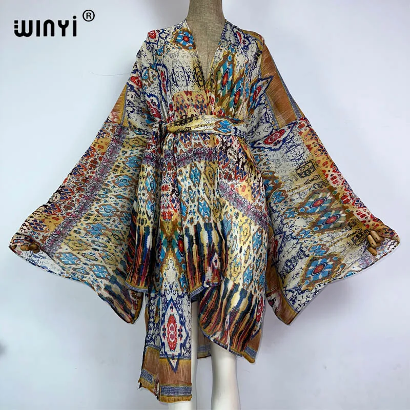 WINYI kimono con cintura estate stampa floreale abiti da spiaggia per le donne Cardigan sexy Holiday maxi beach wear costume da bagno abito da sera