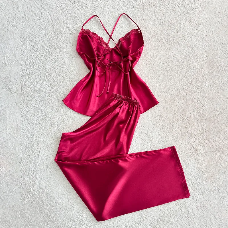 2026 Hot Selling Home Clothes Wine Red High-end Simulation Silk Suspender Top and Pants Two-piece Set for Women