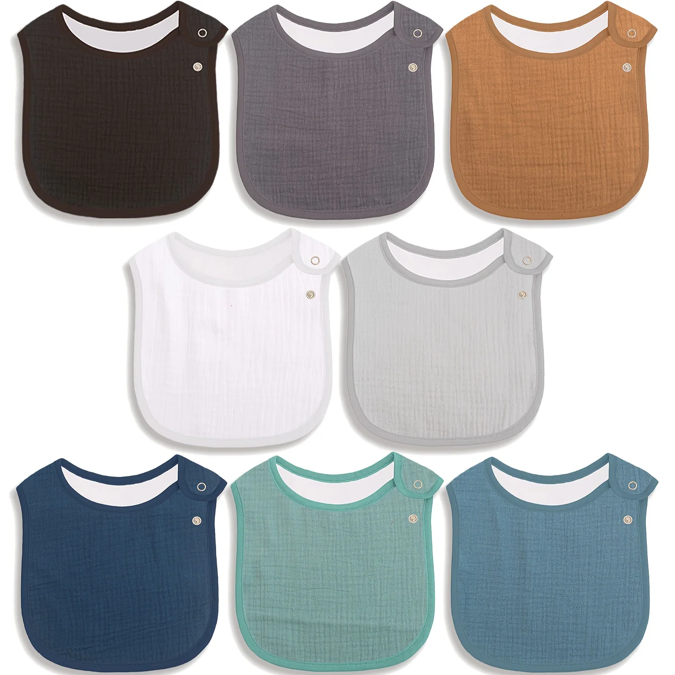 

8pcs Set of Pure Gauze Crepe Absorbent Breathable Soft Multi Colored Boys And Girls Baby Adjustable Snap Bib Bibs Eating Bib