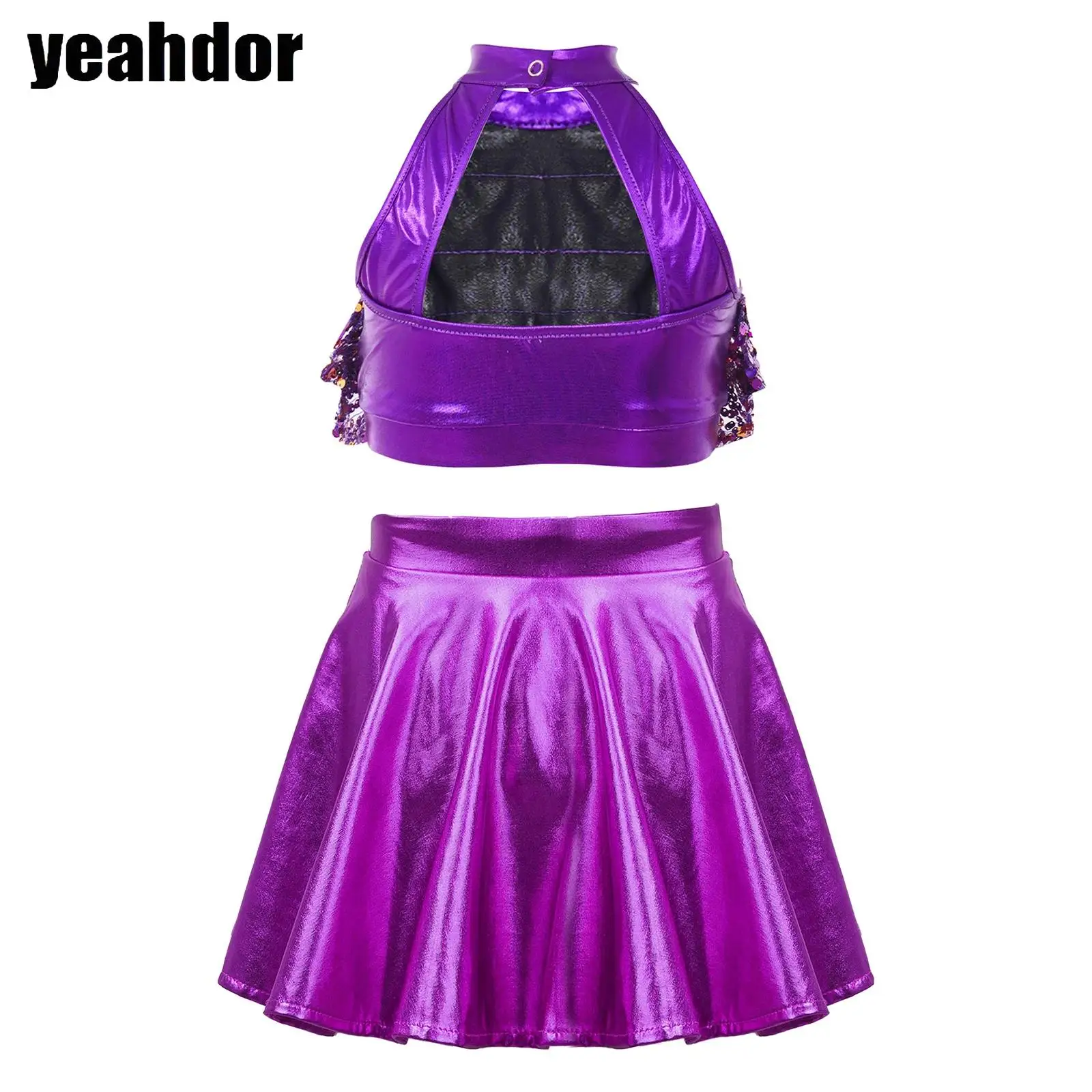 

Girls Jazz Dance Outfit Shiny Sequin Tiered Backless Crop Top with Metallic Ruffled Skirt School Basketball Cheerleading Costume