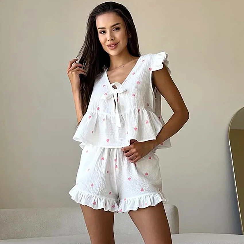 

Hiloc Home Heart Print Ruffles Pajamas Suit Women Spring Lace Up V Neck Blouse With Elastic Waist Shorts 2 Piece Set 2026 Casual