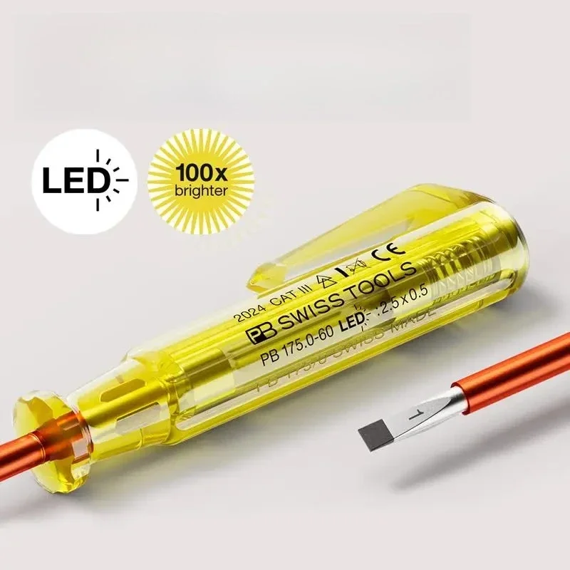 PB Swiss Tools New Notched LED Voltage Tester Professional Electrician's Tool, LED Display, 100-250V AC Detector PB.175.0-60 LED