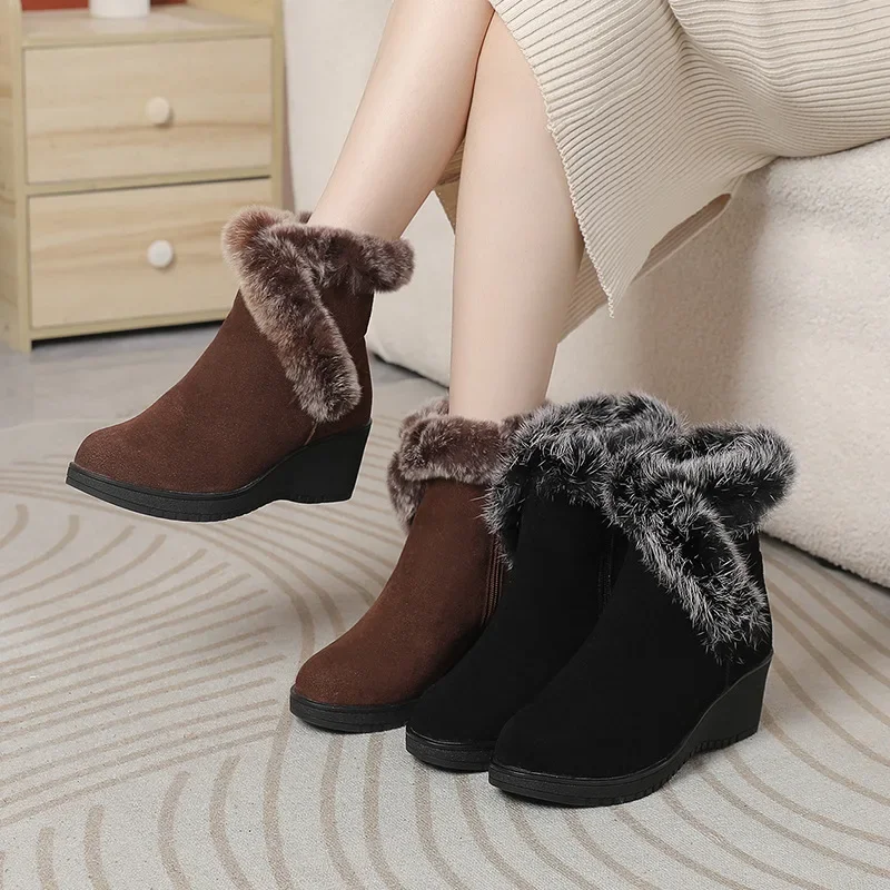 ZXRYXGS-Botas de pele de coelho para mulheres, confortáveis botas de neve, cunhas elegantes, high-end, superior, inverno