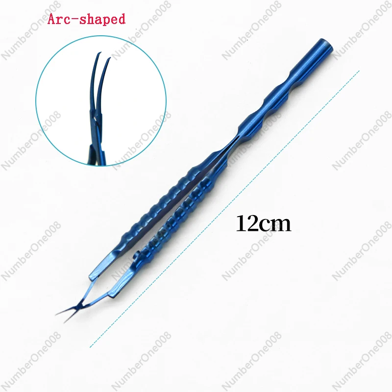 Ophthalmic capsulorhexis forceps made of titanium alloy, with a small incision and a circular handle. The angle shape of the cap