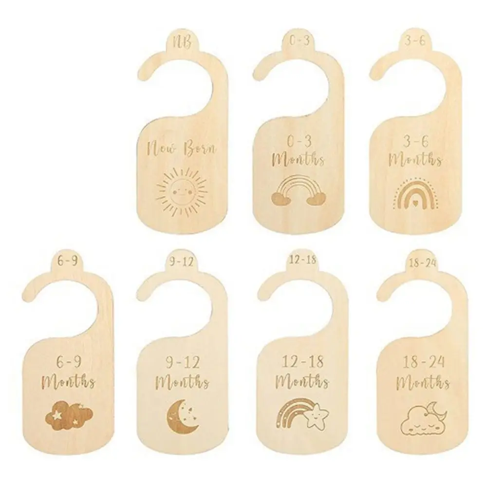 7/8Pcs Wood Baby Closet Divider Label Assortment Cartoon Infant Wardrobe Divider Hanging Hangers Nursery Clothes Organizers