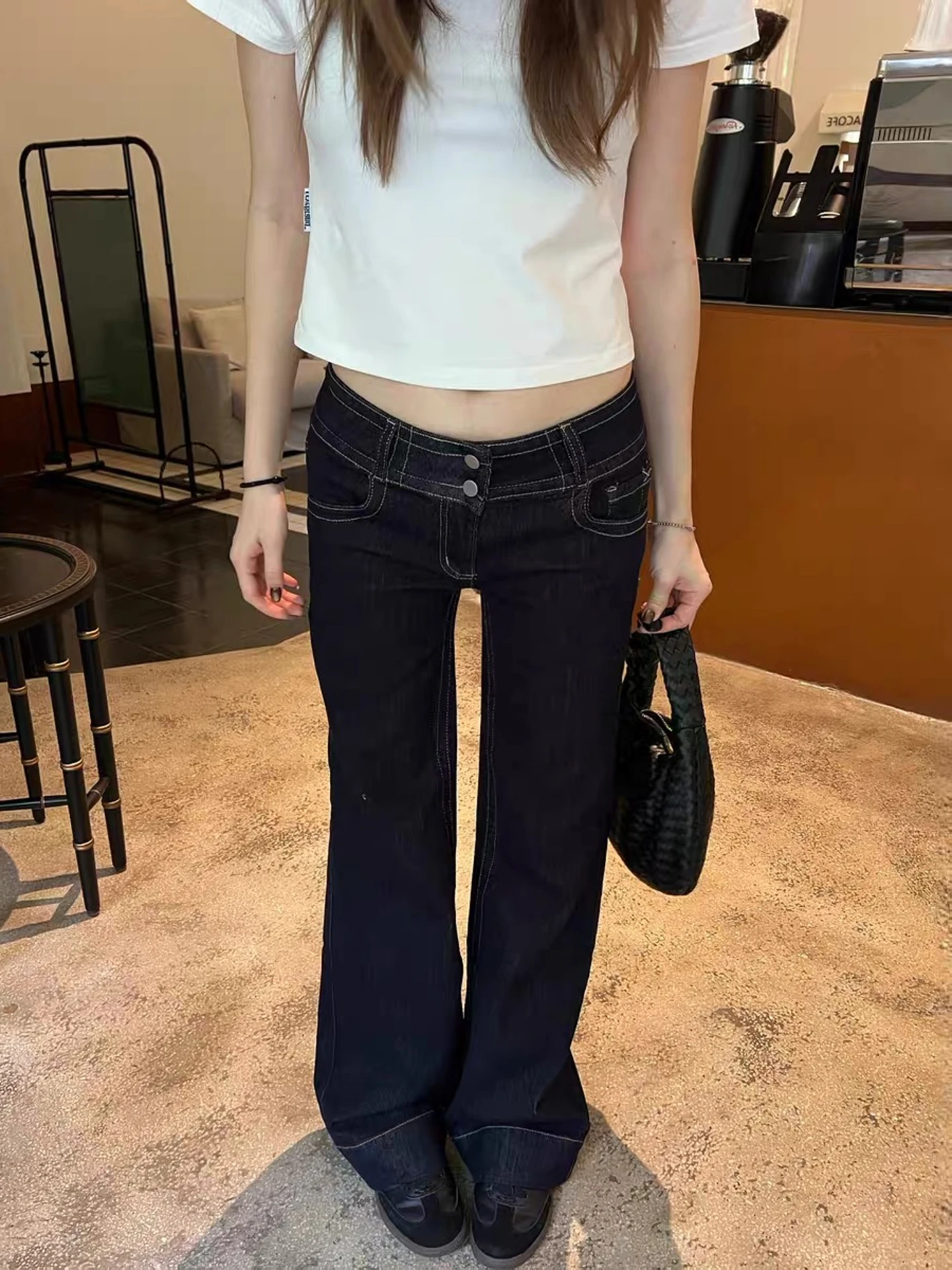 

plus Size American Retro Deep Blue Double Buckle Flared Jeans Women Summer New Loose Slimming Floor-Length Pants