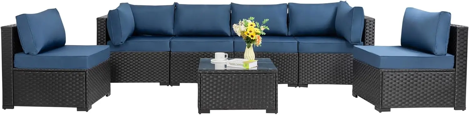 Shintenchi 7 Pieces Outdoor Patio Sectional Sofa Couch, Black Wicker Furniture Conversation Sets with Washable Cushions