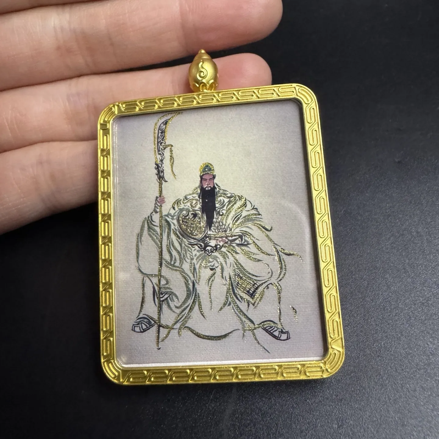 Tibetan Guan Yu Thangka Pendant God of Wealth & Loyalty Ink Wash Style Amulet