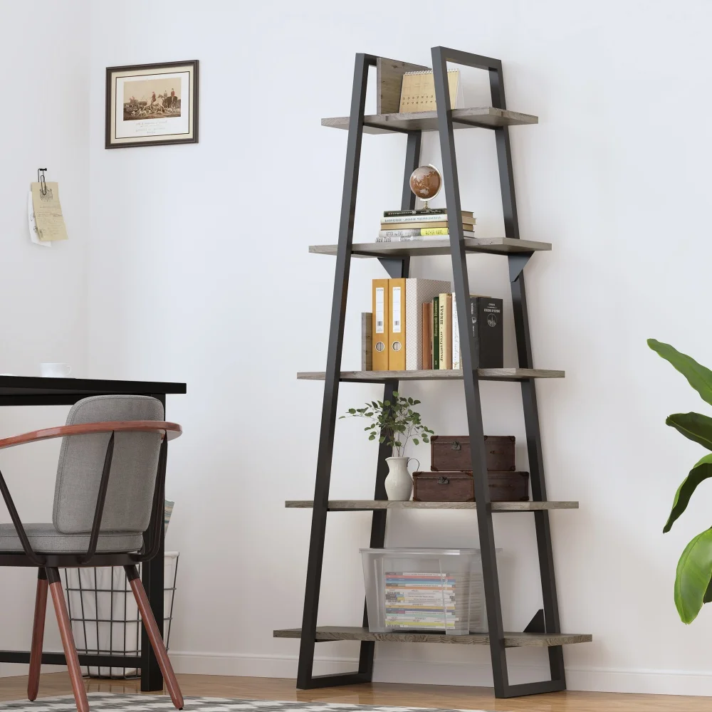 

5-Tier Ladder Shelf Bookcase Industrial Wood Bookshelf with Storage Rack Organizer Narrow Open Book Shelf for Living Room