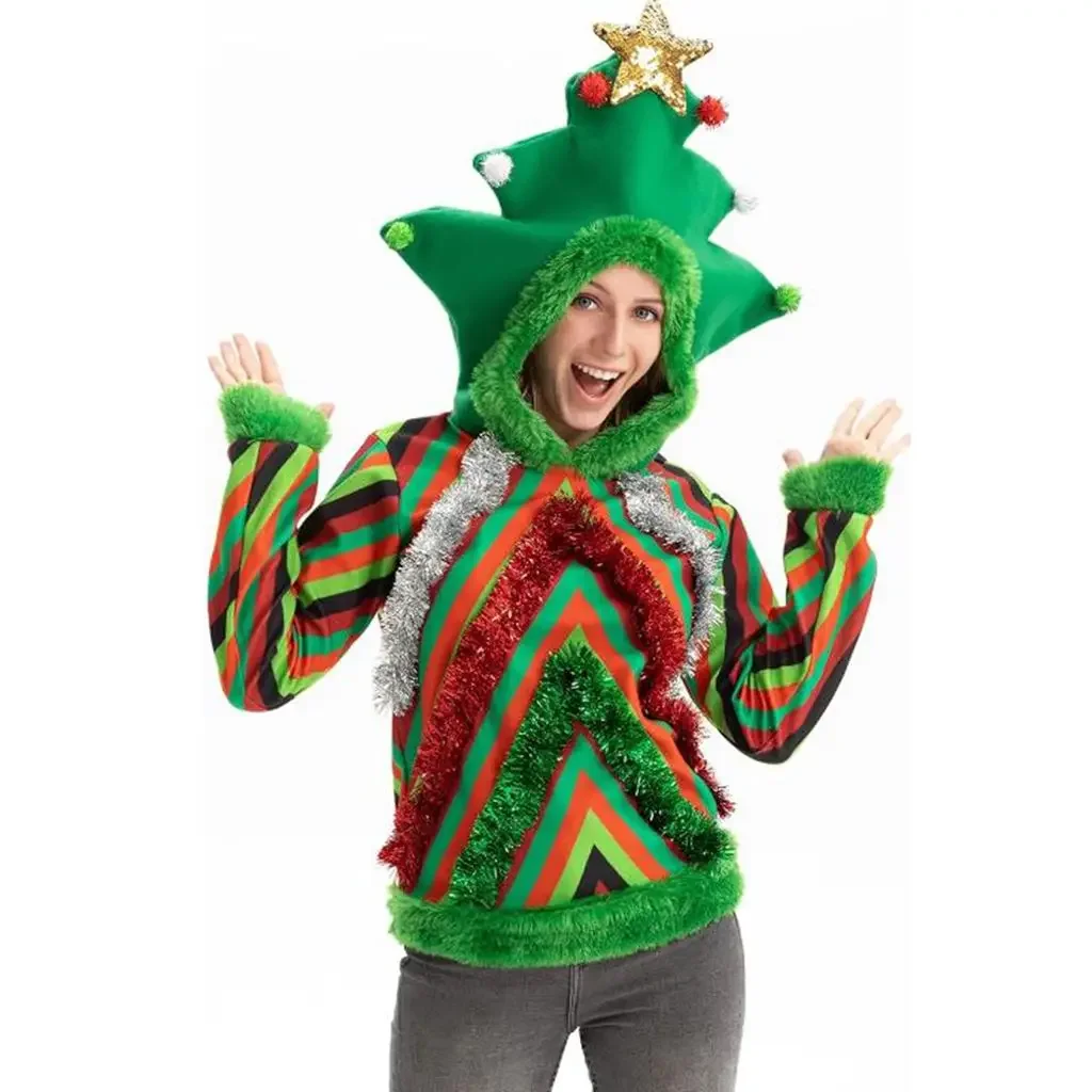 Women Men Unisex Christmas Pullovers Long Sleeve Sequined Star Tree Hooded Sweatshirt Contrast Color Cosplay Costume