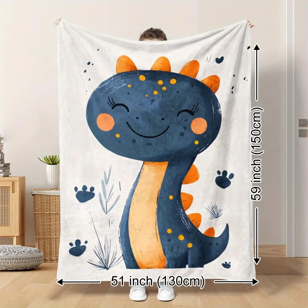 

1pc Cute Brachiosaurus Dinosaur Plush Blanket - Soft Flannel All-Season Cozy Throw with Smiling Dino & Paw Print Design