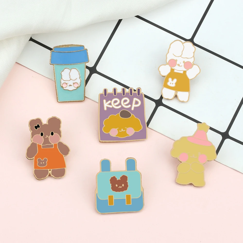 Animal Bear Bunny Dogs Enamel Pins Cartoon Cute Cup Bag Schedule List Brooches for Kids Backpack Denim Lapel Badge Jewelry Gifts