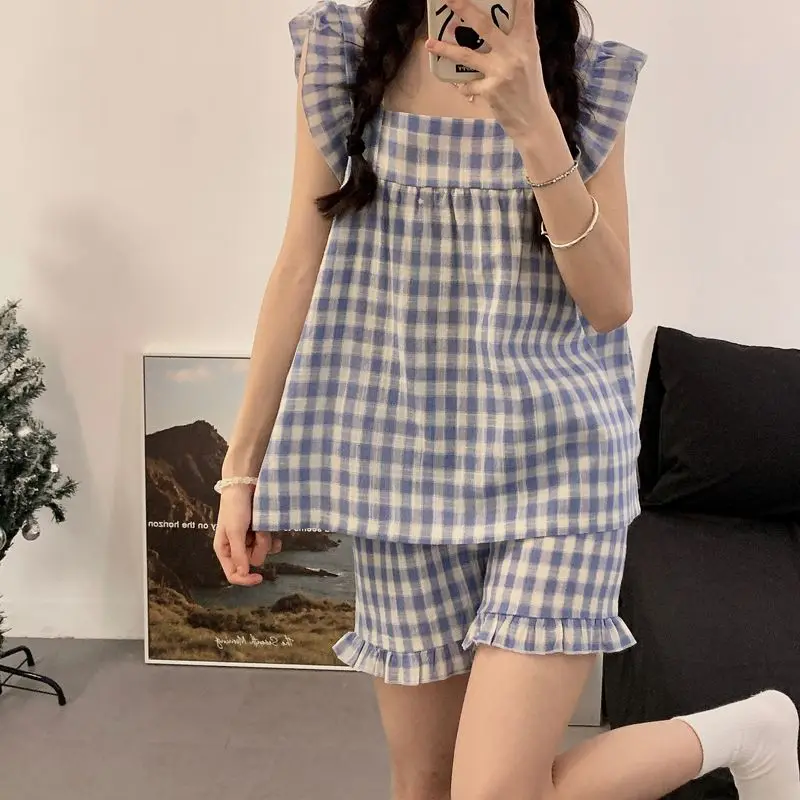 2 قطعة منقوشة الحمالات بيجامة مجموعات الصيف موضة عادية ساحة الرقبة سترة صغيرة تحلق كم ملابس المنزل النساء ملابس خاصة