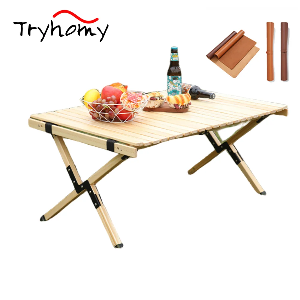 

Tryhomy Outdoor Folding Table Portable Camping Egg Roll Table BBQ Picnic Solid Wooden Table Travel Indoor Foldable Desk