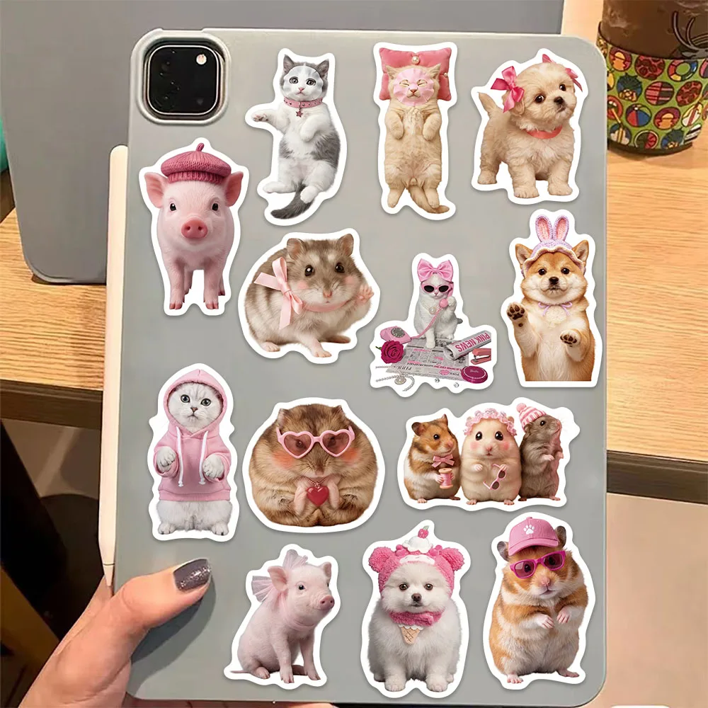 54PCS Pink Cute Pet Stickers Cat Dog Rabbit Stickers Laptop Guitar Skateboard Diary DIY Graffiti Stickers Cartoon Gift