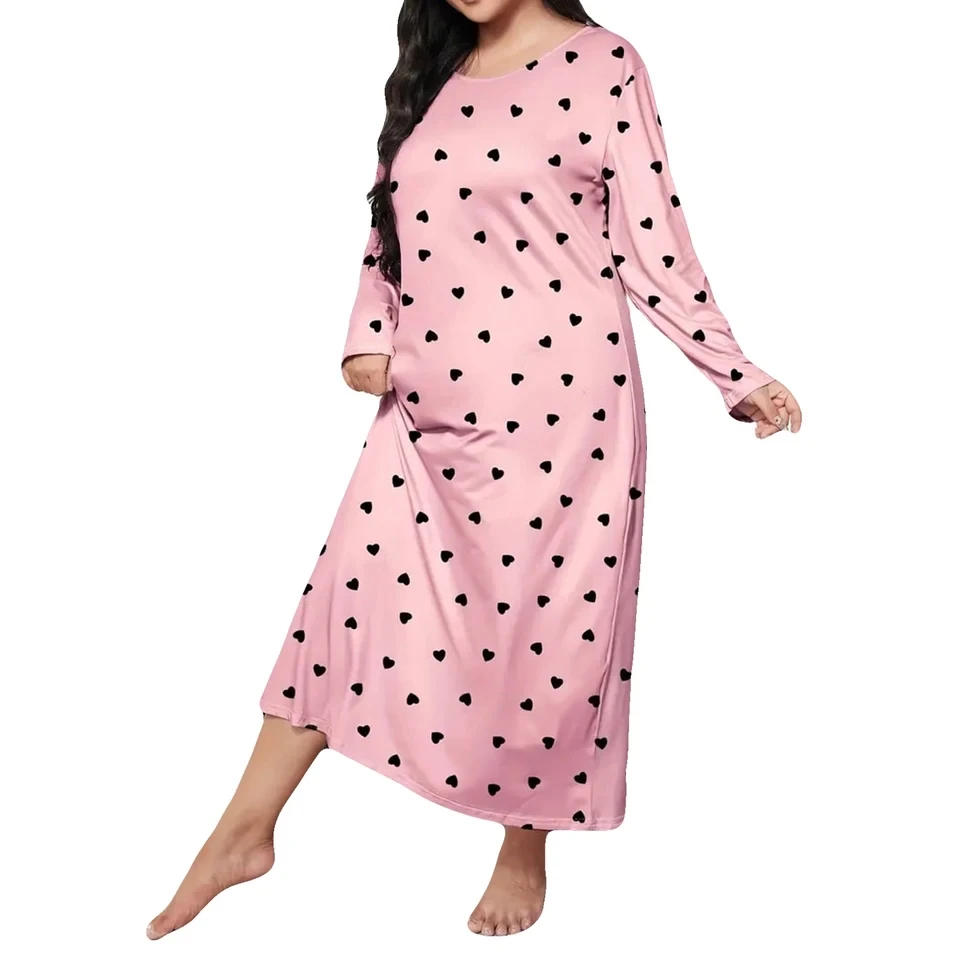

Plus Szie S-5XL Ladies Nightwear Nightdress Spring Summer Long Sleeve Heart Printed Sleep Dress Comfort Loungewear Home Clothes