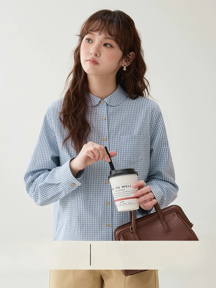 

AMUU Original Blue Plaid Doll Collar Back Bow Tie Long Sleeve Shirt Women Early Spring Anti-Aging Loose Fit Cotton Blend