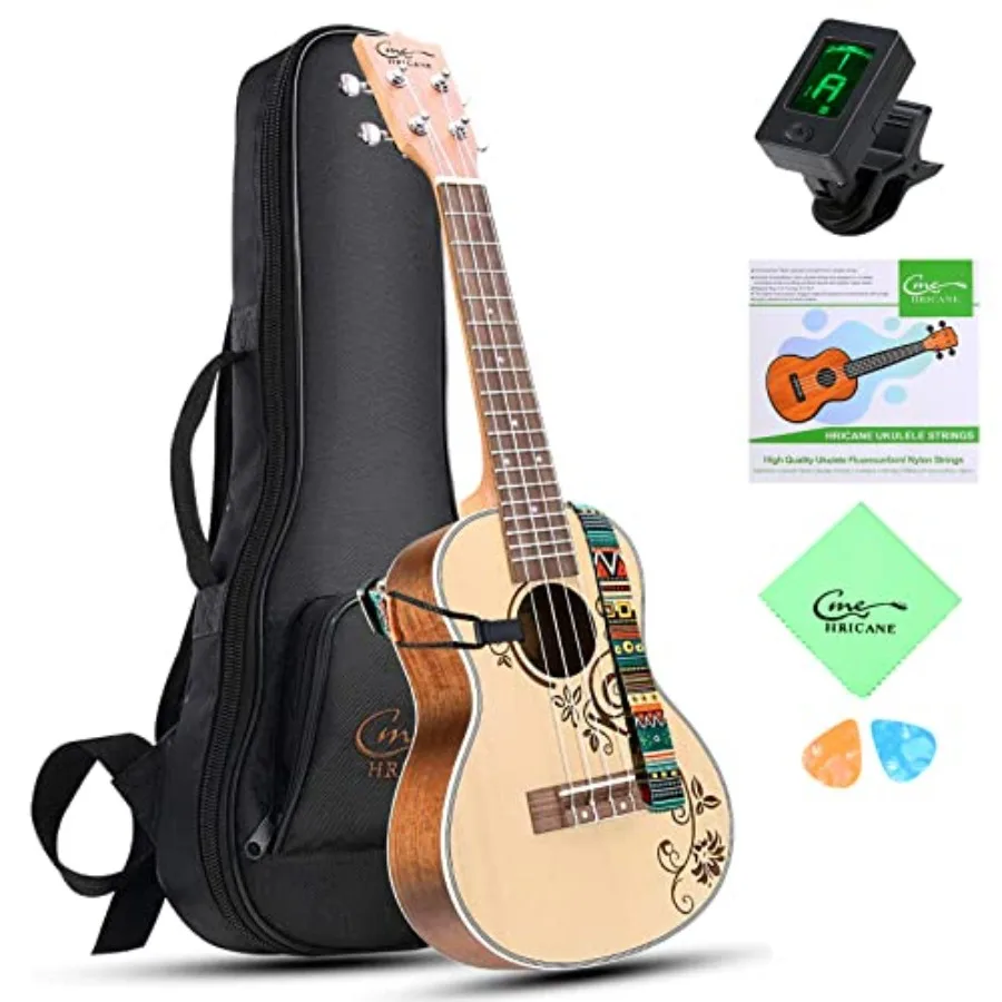 

23 Inch Concert Ukulele with Spruce Flower Top and Sapele Body for Beginners in Natural Color Includes Bag Digital Tuner Strap