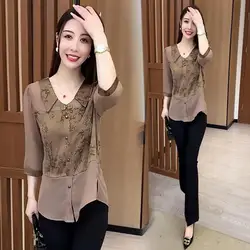 Splicing Age Reducing Shirt Women's Summer New Versatile Shirt Chinese Style Western Concealing Belly with Five Sleeve Top