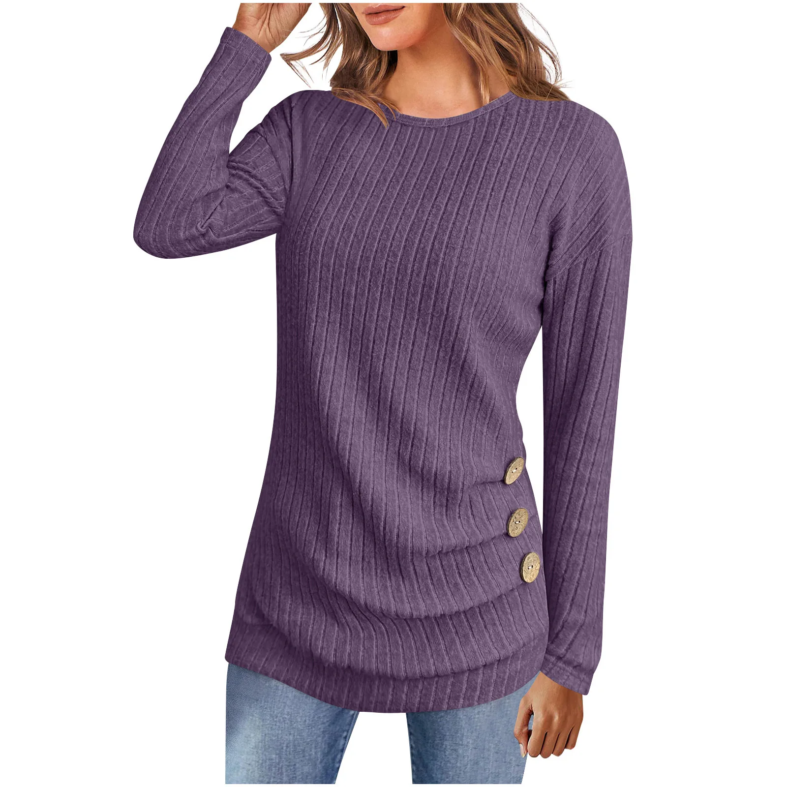 

Y2K autumn and winter new women's fashion casual solid round neck button loose and comfortable T-shirt long-sleeved knitted top