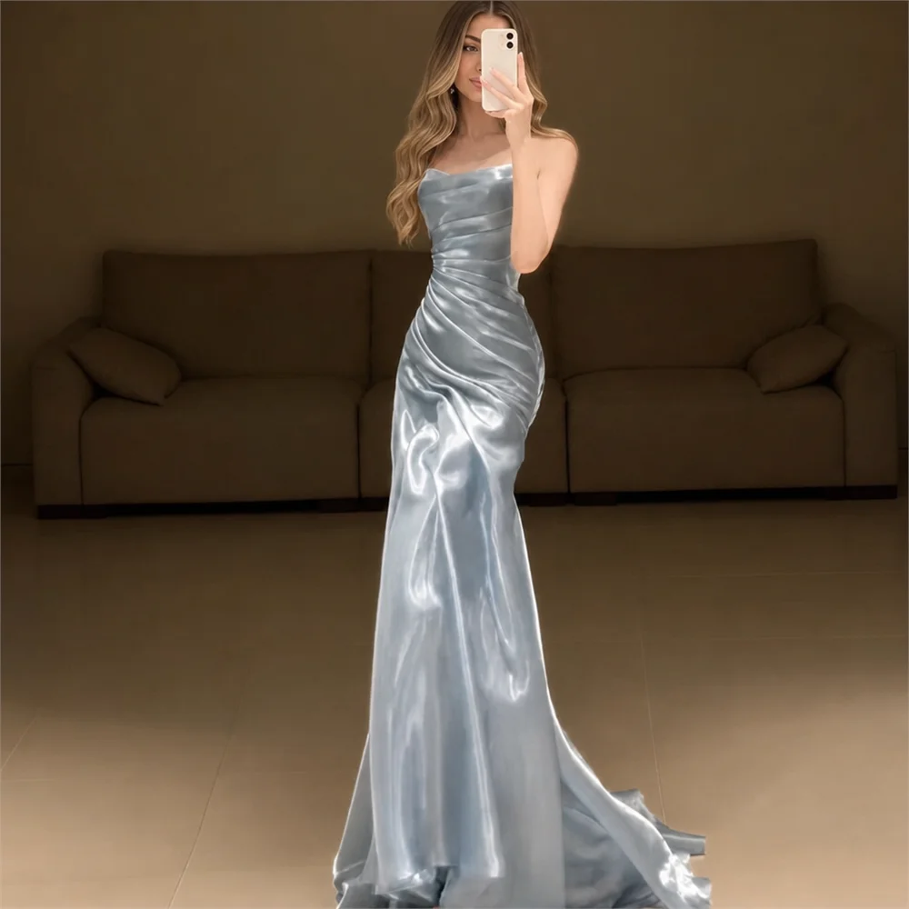 Blue Luxury Strapless Evening Dress Long Prom Gown for Birthday Graduation Debutante Wedding Banquet Party Bridesmaid Dresses